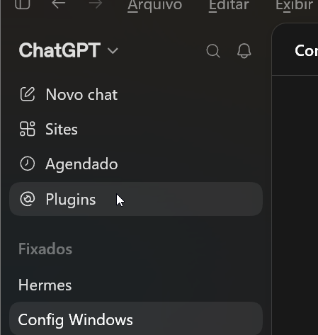 Menu lateral do ChatGPT com a opção Plugins destacada