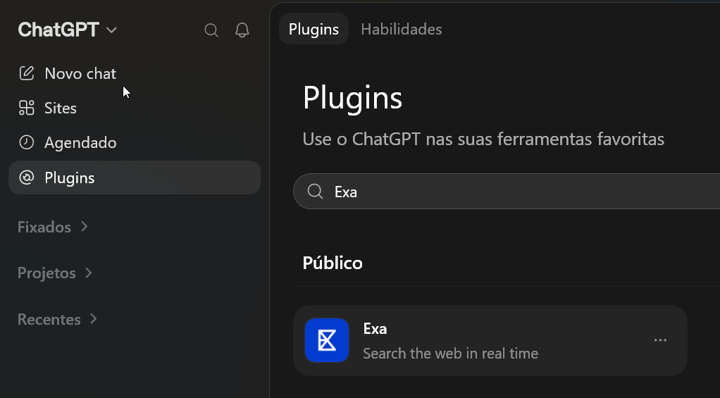 Busca de plugins do ChatGPT mostrando o Exa