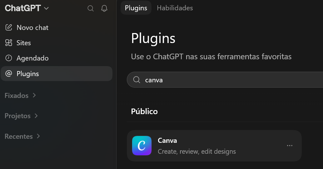 Busca de plugins do ChatGPT mostrando o Canva