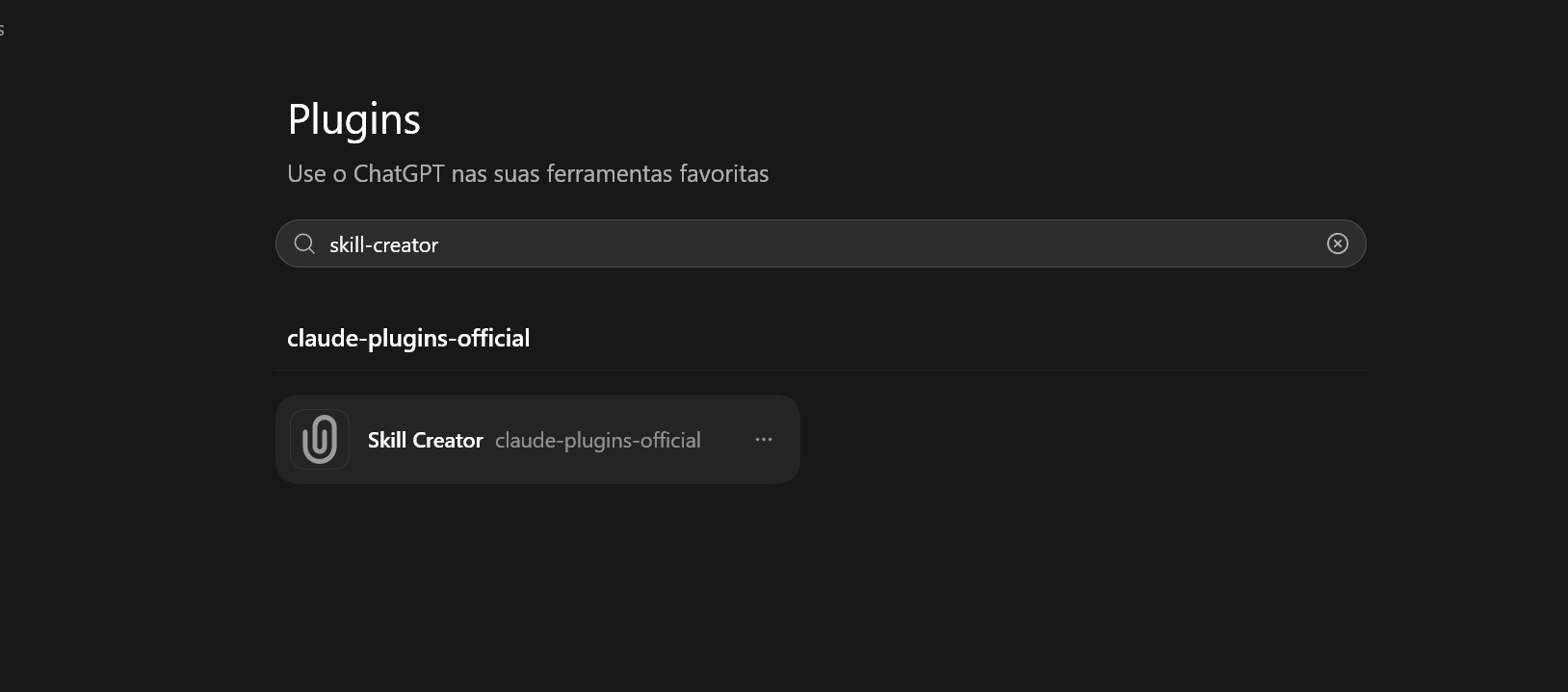 Busca de plugins mostrando o Skill Creator