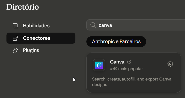 Diretório de conectores do Claude mostrando o Canva