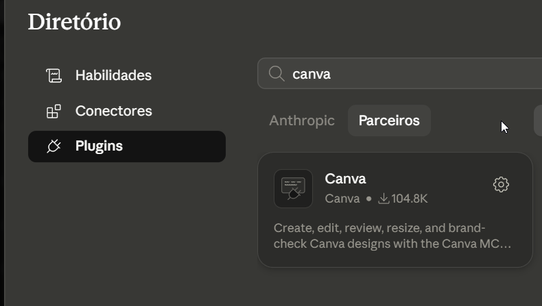 Diretório de plugins do Claude mostrando o Canva na aba Parceiros