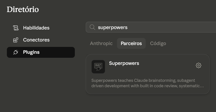 Diretório de plugins do Claude mostrando o Superpowers na aba Parceiros