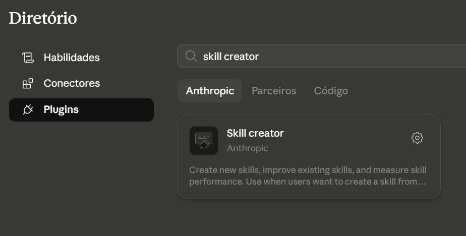 Diretório de plugins do Claude mostrando o Skill Creator na aba Anthropic